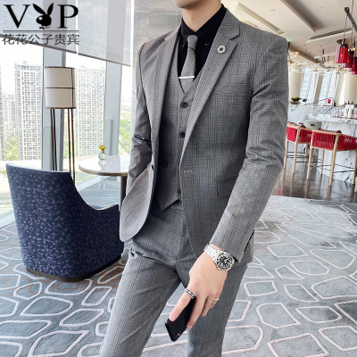 花花公子贵宾新款西服套装男士外套修身小西装结婚礼服伴郎服休闲商务正装英伦格子三件套（送衬衫领结领带）