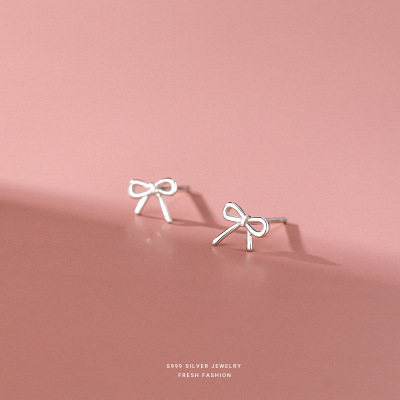 S999银耳钉女韩版小清新镂空蝴蝶结耳钉足银耳饰可爱线条养护耳洞送女朋友老婆情人节七夕生日礼物
