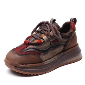 头层牛皮拼色运动休闲鞋女秋冬新款坡跟老爹鞋舒适软底女鞋