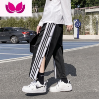 七斓排扣裤男篮球训练运动裤夏季宽松直筒束脚九分裤子侧开纽扣休闲裤