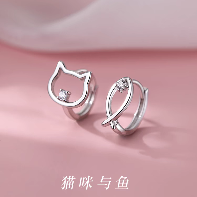 s925纯银猫咪小鱼耳扣女不对称小众设计高级耳环2024新款耳扣送女朋友老婆情人节七夕生日礼物