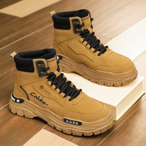 高帮秋季马丁靴皮革拼接厚底增高户外旅游运动大靴新款潮男靴