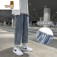 YANXU2023早春直筒宽松松紧牛仔裤男新款潮牌九分裤休闲阔腿长裤子