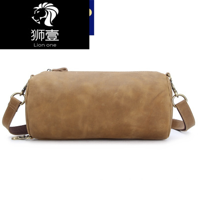 狮壹（Lionone）轻奢品牌手工设计男真皮单肩包头层牛皮复古包疯马皮水桶包斜挎包休闲男包棕色默认颜色