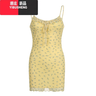 YIBUSHENG法式田园风碎花小清新吊带裙气质辣妹木耳边低胸连衣裙