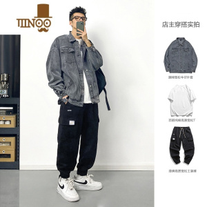 YANXU日系牛仔夹克男复古宽松休闲套装潮流工装一套搭配帅气外套