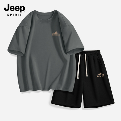 JEEP SPIRIT吉普男士运动套装户外短袖T恤男山系纯棉男款短裤G