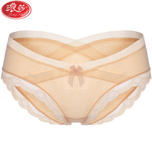 浪莎langsha女士纯棉内裤女4条中低腰裤衩性感蕾丝无痕三角短裤裤头