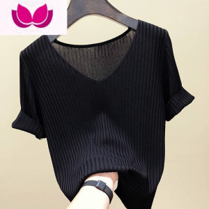 七斓大码短袖t恤女夏季薄款黑色宽松针织衫V领百搭冰丝上衣胖mm200斤