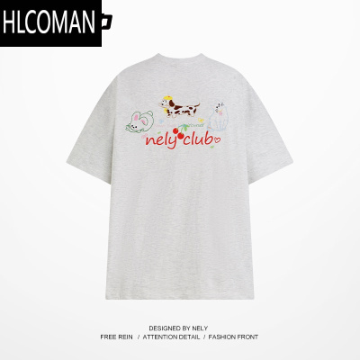 HLCOMANNELYoversize宽松可爱小狗印花设计感情侣短袖t恤上衣男女