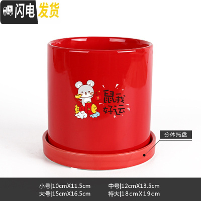 三维工匠鼠年本命年装饰创意中国红插银柳简约圆柱绿植多肉带托盘陶瓷花盆 鼠我好运-亮光红 大花盆容器