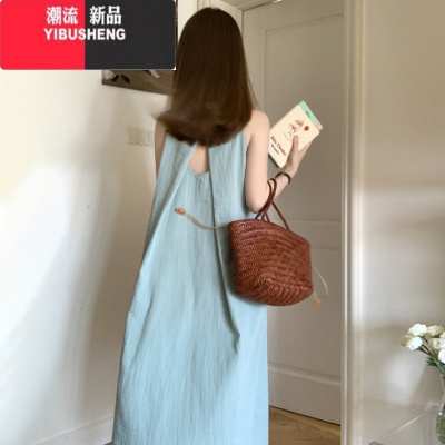 YIBUSHENG2024年新款无袖挂脖法式连衣裙子女季设计感小众高级感气质长裙