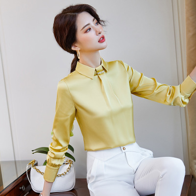 女先生女士衬衫粉色衬衫女士2020年春秋季新款气质时尚设计感小众洋气雪纺上衣方领缎面气质雪纺女衬衣职业装工作服衬衫