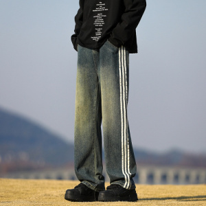 潮牌街头美式高街cleanfit牛仔裤男款潮牌vibe微喇直筒百搭阔腿裤