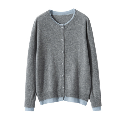 山羊绒衫春新款假两件撞色拼接舒适软糯羊绒圆领女士针织纽扣开衫