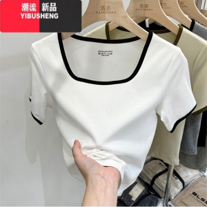 YIBUSHENG欧货百搭撞色方领短袖T恤女2023新款修身弧形下摆体恤小衫上衣