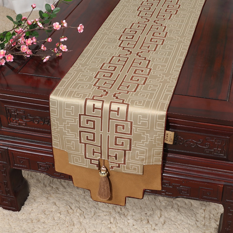 新中式古典玉桌旗茶几长条布艺中国风桌布床柜旗电视柜盖布 如意纹浅咖 34*300适合桌长240-250CM