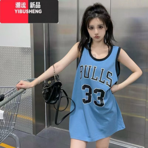 YIBUSHENG下衣失踪t恤女无袖中长款球衣美式复古外穿运动宽松背心潮