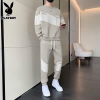 花花公子秋季休闲套装男士潮流新款撞色印花厚棉T运动长裤搭配一套
