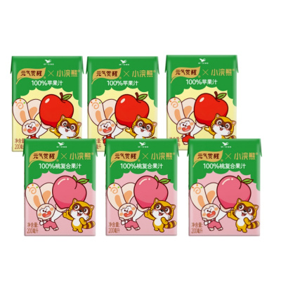小浣熊联名]统一元气觉醒100%桃味苹果味便携装200ml*6盒混合果汁饮料