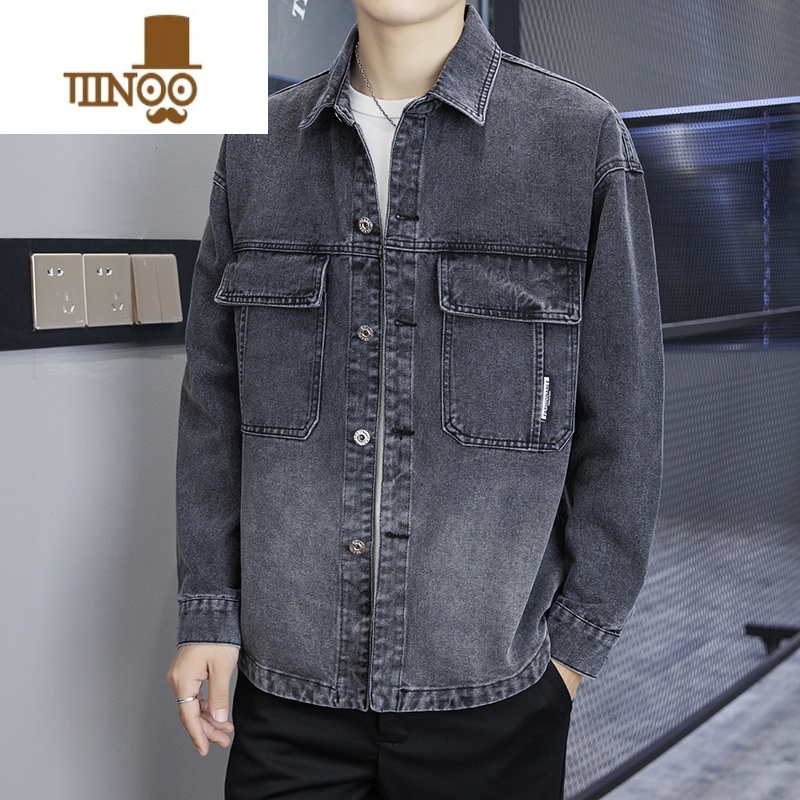 YANXU牛仔外套男士灰色上衣2023年新款潮牌休闲夹克男装长袖衬衫