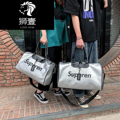 狮壹（Lionone）真皮短途旅行包新款男女手提轻便出差行包训练大容量旅游健身斜挎包银色