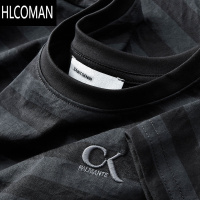 HLCOMAN夏季薄款冰丝棉麻条纹t恤男短袖修身时尚字母胶印圆领休闲半袖男