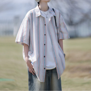 衬衫男夏季新款短袖条纹青少年痞帅宽松衬衣休闲百搭潮流衬衫外套