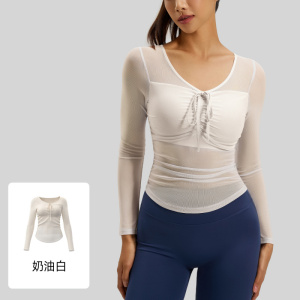 新款网纱瑜伽服长袖女修身显瘦固定杯外穿运动健身上衣女