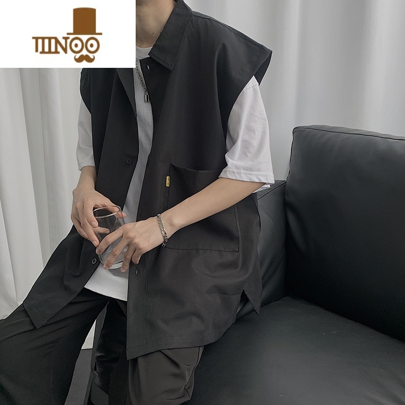 yanxu衬衫男无袖衬衣马甲坎肩痞帅潮流港风ins日系百搭男背心夏季外套