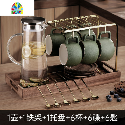 冷水壶套装北欧创意杯具玻璃凉水壶大容量家用客厅茶杯花茶壶 FENGHOU 磨砂黑色6杯碟勺+圆壶+托盘圆壶水具