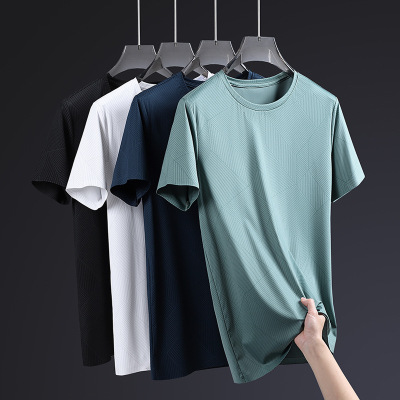 夏季新款男士圆领冰丝无痕T恤男装休闲短袖速干男士百搭体恤上衣