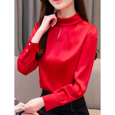 班俏BANQIAO2021春秋季新款时尚立领雪纺衬衫上衣女士长袖洋气减龄遮肚打底衬衣