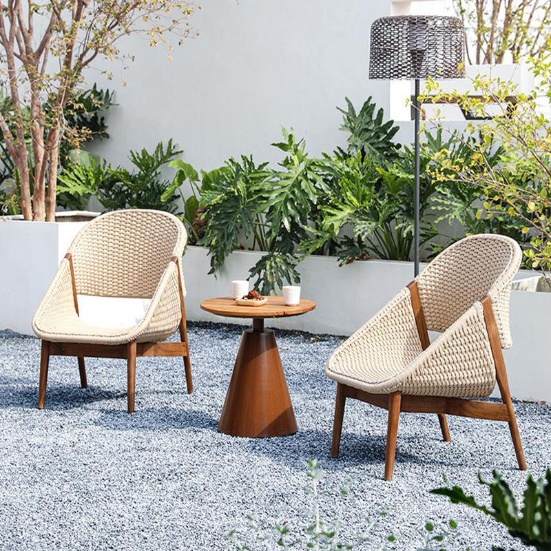 金菲罗格 阳台沙发椅柚木休闲椅绳编民宿侘寂风户外实木沙发(如图所示)