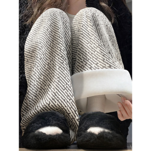 雪尼尔阔腿裤秋冬季加厚加绒女裤新款小个子直筒毛呢条纹裤子