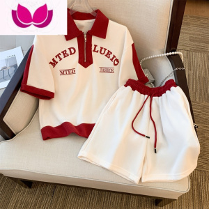 七斓撞色休闲运动时尚polo领短袖套装女宽松薄款高腰阔脚裤套