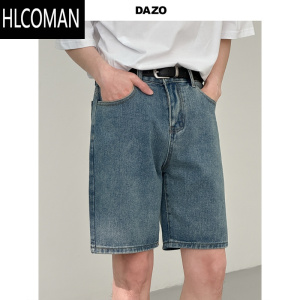 HLCOMANDAZO 牛仔短裤男款宽松直筒休闲五分裤潮牌ins夏季水洗蓝色裤子