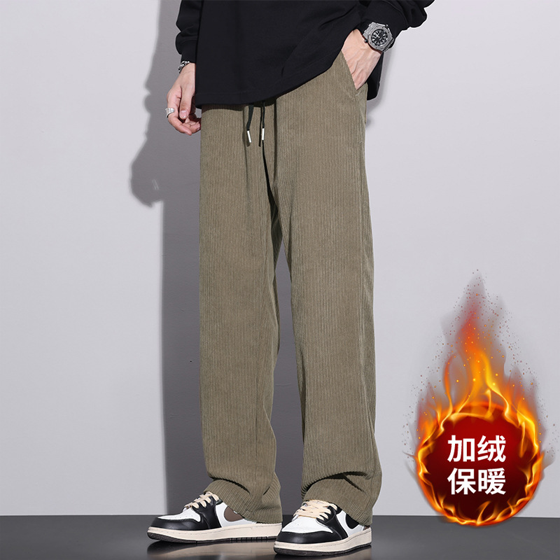 秋冬款灯芯绒卫裤男加绒年运动宽松直筒条绒垂感阔腿休闲长裤