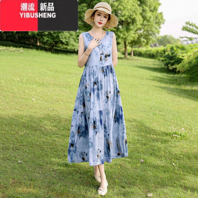YIBUSHENG棉绸连衣裙2024季新款无袖海边度假休闲a字人造棉时尚外穿长裙