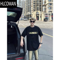 HLCOMAN2024网红黑短袖t恤男生高街潮牌个性夏季休闲宽松百搭ins上衣
