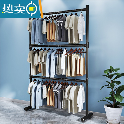 敬平双层晾衣架落地卧室内衣帽架简易折叠挂衣架不占地家用晒衣收纳架 [三层]黑色长100高220