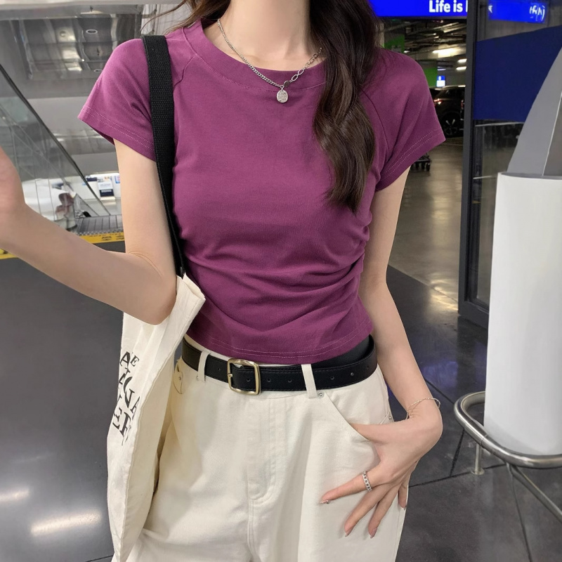 含棉短袖T恤新款设计感收腰显瘦褶皱露背短款上衣纯色辣妹圆领T恤