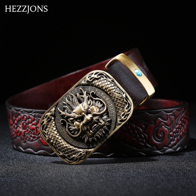 赫泽琼斯HEZZJONES手工腰带男雕刻复古龙头扣皮带进口牛皮真皮皮带纯铜扣发型师皮带单层牛皮腰带复古红色