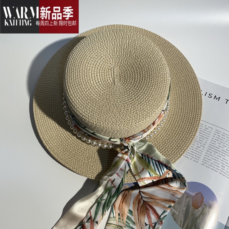 shanchao韩版草帽女树叶织带平顶气质小清新礼帽遮阳海边帽子出游
