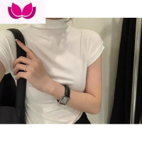 七斓黑色半高领t恤女紧身显胸大简约气质设计感短款打底衫短袖上衣潮