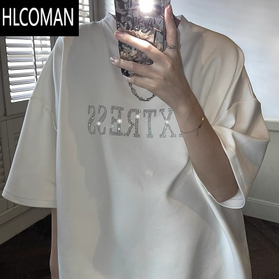 HLCOMAN美式烫钻字母短袖t恤男oversize百搭宽松上衣夏季潮牌ins高街T恤