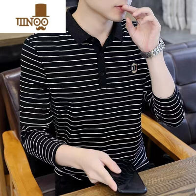 YANXU新款翻领带领polo衫男士条纹长袖t恤休闲潮流修身打底上衣