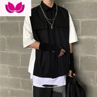 七斓工装痞帅衬衫男潮流复古原宿港风宽松百搭短袖拼接撞色休闲上衣夏