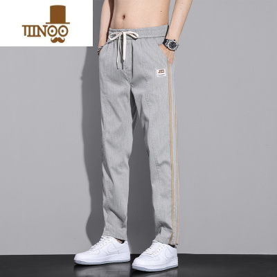 YANXU冰丝裤子男士夏季超薄款宽松直筒抽绳运动裤潮牌条纹男生休闲长裤