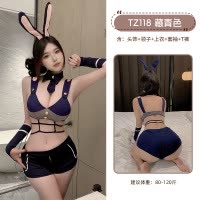 九里晴川兔女郎纯欲甜美风可爱制服拉链开档藏青色套装情趣睡衣 九里晴川TZ118[拉链兔套装-藏青色] 均码